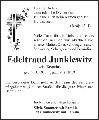 Traueranzeige von Edeltraud Junklewitz von Ostthüringer Zeitung