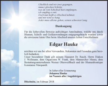 Traueranzeige von Edgar Hauke von Ostthüringer Zeitung
