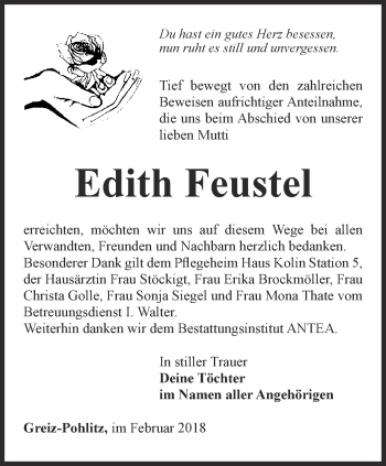 Traueranzeige von Edith Feustel von Ostthüringer Zeitung