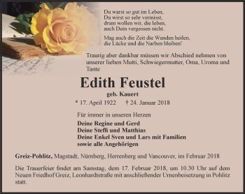 Traueranzeige von Edith Feustel von Ostthüringer Zeitung