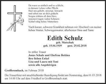 Traueranzeige von Edith Schulz von Thüringer Allgemeine