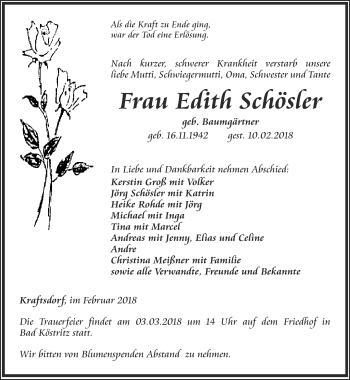 Traueranzeige von Edith Schösler
