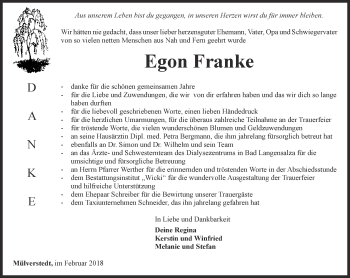 Traueranzeige von Egon Franke von Thüringer Allgemeine, Thüringische Landeszeitung