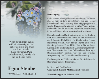 Traueranzeige von Egon Steube von Thüringer Allgemeine, Thüringische Landeszeitung