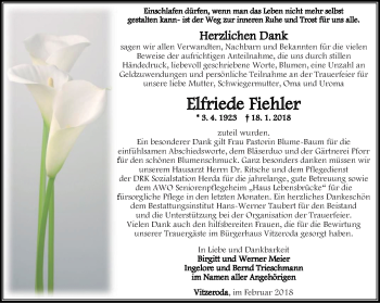 Traueranzeige von Elfriede Fiehler von Thüringer Allgemeine, Thüringische Landeszeitung