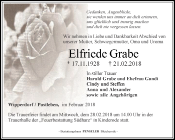 Traueranzeige von Elfriede Grabe von Thüringer Allgemeine