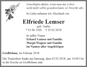 Traueranzeige von Elfriede Lemser von Thüringer Allgemeine, Thüringische Landeszeitung
