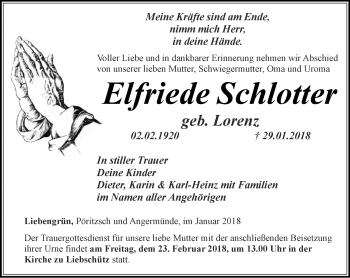 Traueranzeige von Elfriede Schlotter von Ostthüringer Zeitung