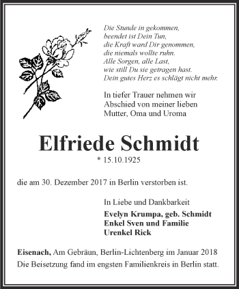 Traueranzeige von Elfriede Schmidt von Thüringer Allgemeine, Thüringische Landeszeitung