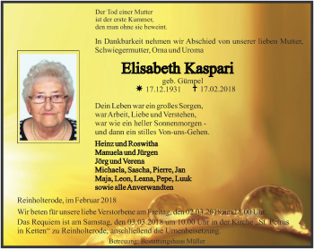 Traueranzeige von Elisabeth Kaspari von Thüringer Allgemeine