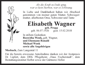 Traueranzeige von Elisabeth Wagner von Thüringer Allgemeine, Thüringische Landeszeitung