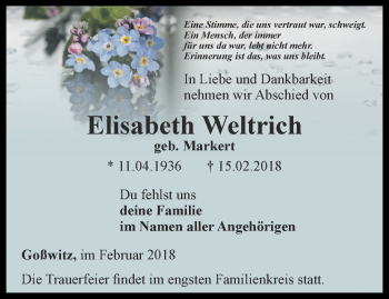 Traueranzeige von Elisabeth Weltrich von Ostthüringer Zeitung