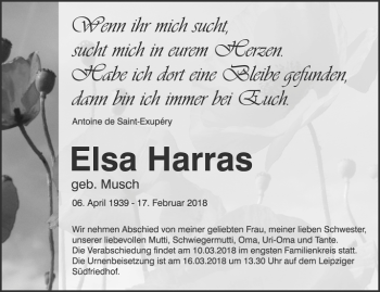 Traueranzeige von Elsa Harras von Ostthüringer Zeitung