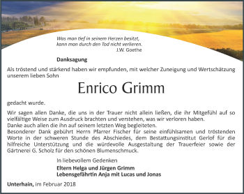 Traueranzeige von Enrico Grimm von Ostthüringer Zeitung