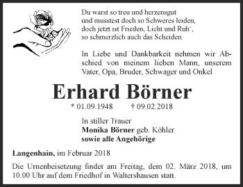Traueranzeige von Erhard Börner von Ostthüringer Zeitung, Thüringische Landeszeitung