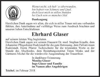 Traueranzeige von Erhard Glaser von Ostthüringer Zeitung
