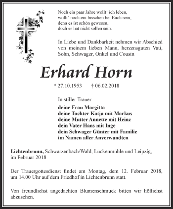 Traueranzeige von Erhard Horn von Ostthüringer Zeitung