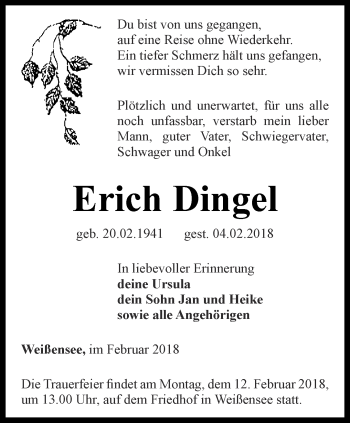 Traueranzeige von Erich Dingel von Thüringer Allgemeine