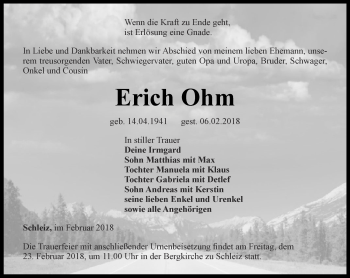 Traueranzeige von Erich Ohm von Ostthüringer Zeitung