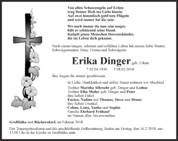 Traueranzeige von Erika Dinger von Ostthüringer Zeitung