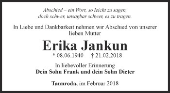 Traueranzeige von Erika Jankun von Thüringer Allgemeine, Thüringische Landeszeitung