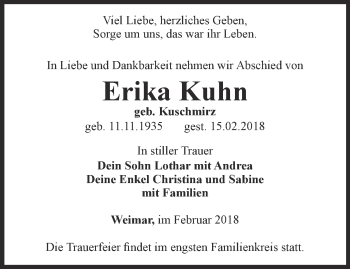 Traueranzeige von Erika Kuhn von Thüringer Allgemeine, Thüringische Landeszeitung