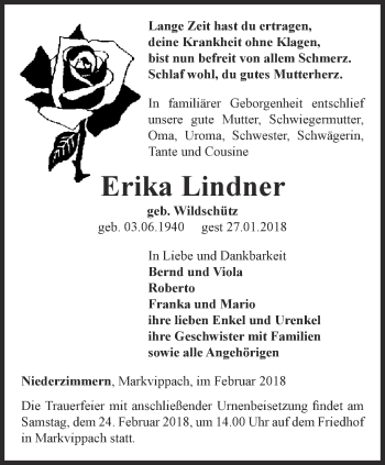 Traueranzeige von Erika Lindner von Thüringer Allgemeine