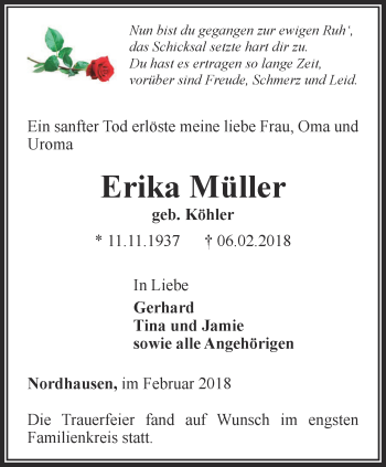 Traueranzeige von Erika Müller von Thüringer Allgemeine