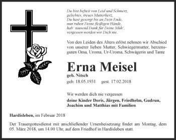 Traueranzeige von Erna Meisel von Thüringer Allgemeine