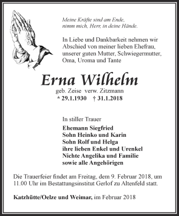 Traueranzeige von Erna Wilhelm von Ostthüringer Zeitung