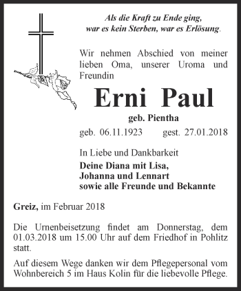 Traueranzeige von Erni Paul