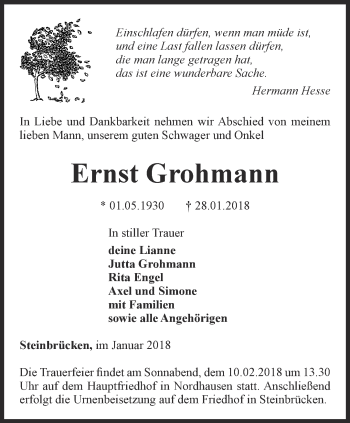 Traueranzeige von Ernst Grohmann von Thüringer Allgemeine