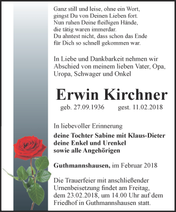 Traueranzeige von Erwin Kirchner von Thüringer Allgemeine