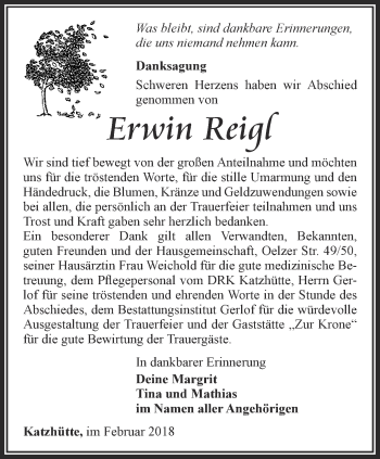 Traueranzeige von Erwin Reigl von Ostthüringer Zeitung