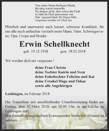 Traueranzeige von Erwin Schellknecht von Thüringer Allgemeine