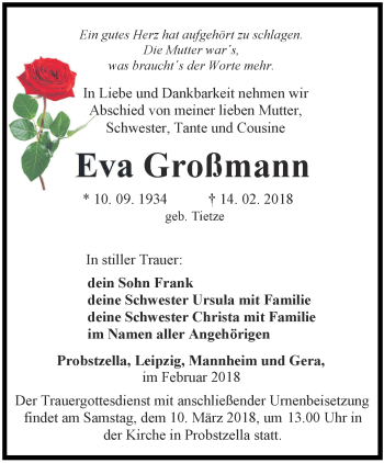 Traueranzeige von Eva Großmann von Ostthüringer Zeitung