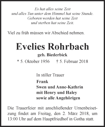 Traueranzeige von Evelies Rohrbach von Ostthüringer Zeitung, Thüringische Landeszeitung