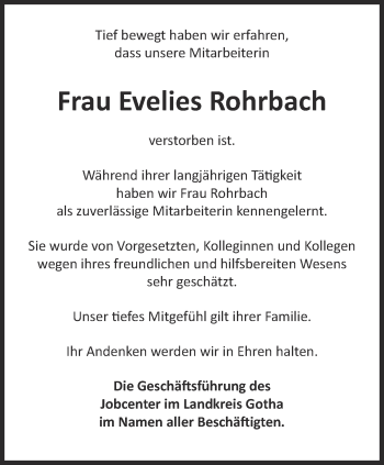 Traueranzeige von Evelies Rohrbach von Ostthüringer Zeitung, Thüringische Landeszeitung