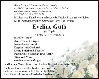 Traueranzeige von Eveline Güth von Ostthüringer Zeitung, Thüringische Landeszeitung