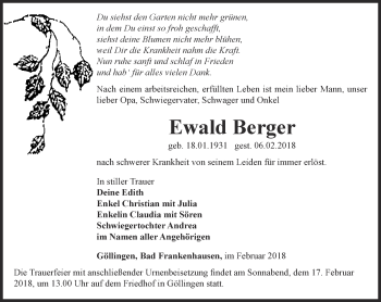 Traueranzeige von Ewald Berger von Thüringer Allgemeine