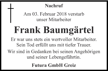 Traueranzeige von Frank Baumgärtel von Ostthüringer Zeitung