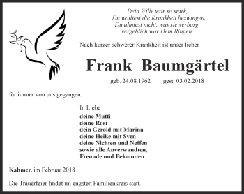 Traueranzeige von Frank Baumgärtel von Ostthüringer Zeitung