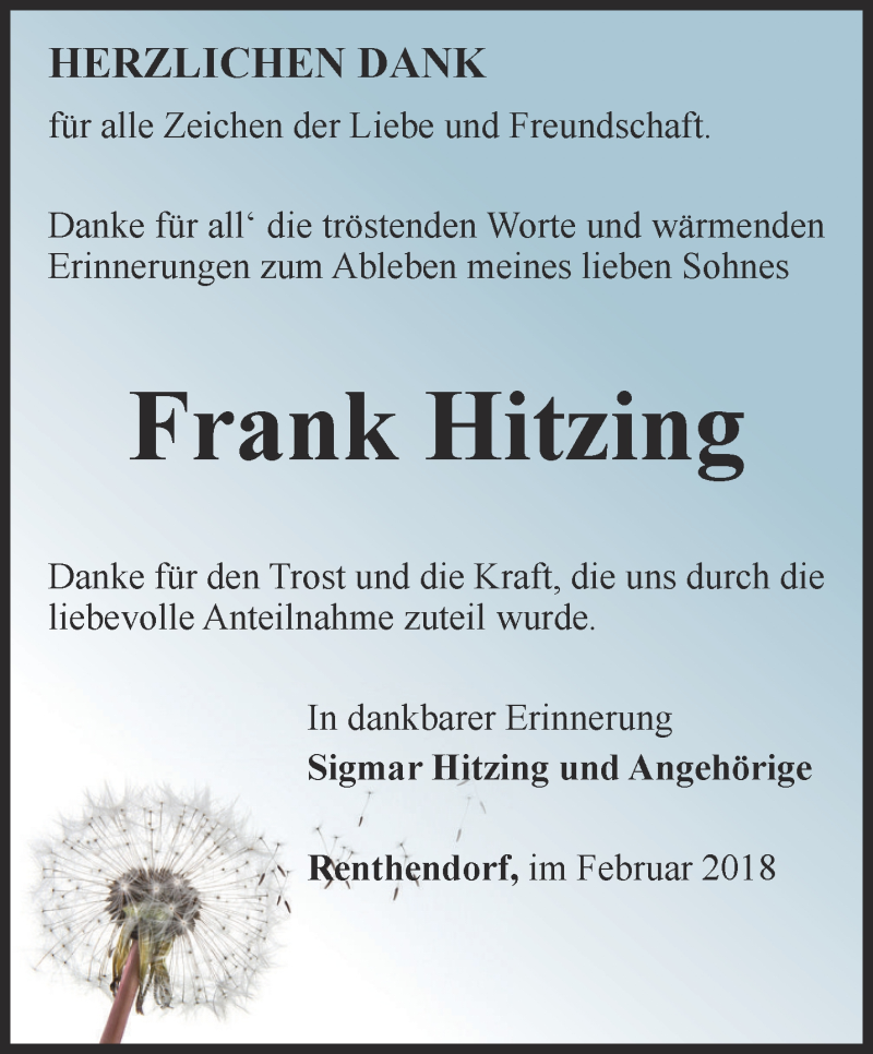  Traueranzeige für Frank Hitzing vom 10.02.2018 aus Ostthüringer Zeitung