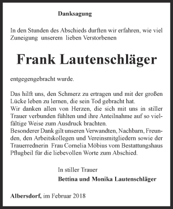 Traueranzeige von Frank Lautenschläger von Ostthüringer Zeitung