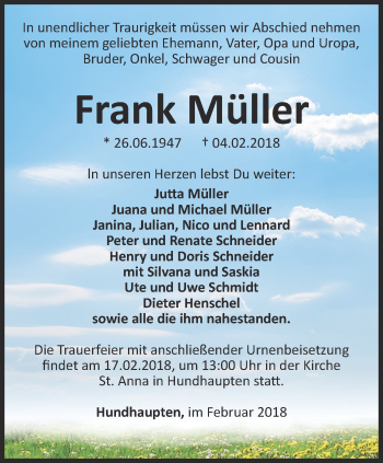 Traueranzeige von Frank Müller von Ostthüringer Zeitung