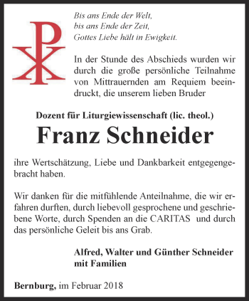 Traueranzeige von Franz Schneider von Thüringer Allgemeine, Thüringische Landeszeitung