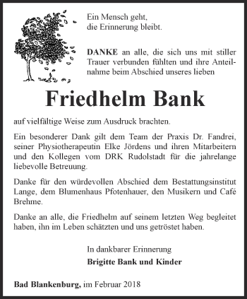 Traueranzeige von Friedhelm Bank von Ostthüringer Zeitung