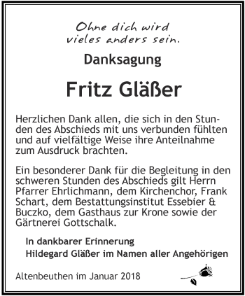 Traueranzeige von Fritz Gläßer von Ostthüringer Zeitung