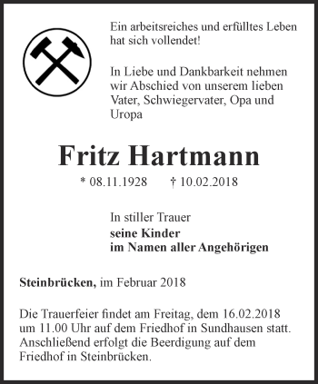 Traueranzeige von Fritz Hartmann von Thüringer Allgemeine