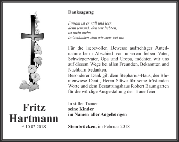 Traueranzeige von Fritz Hartmann von Thüringer Allgemeine